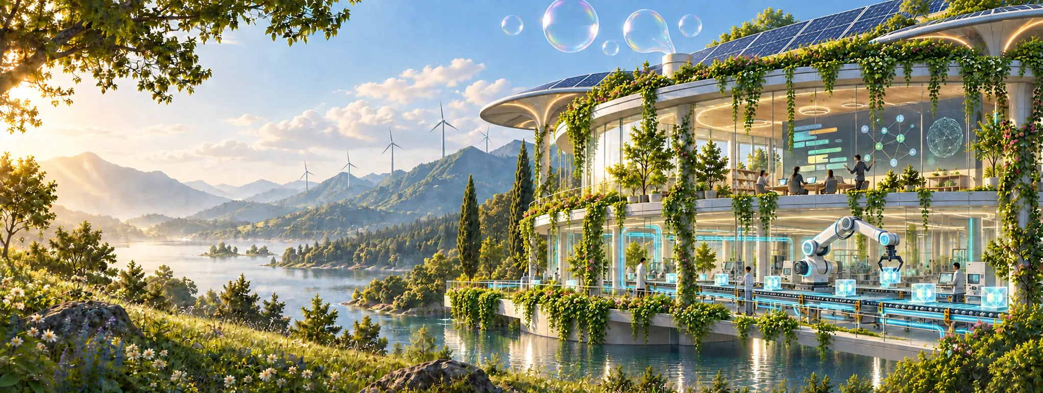 A solar-powered, vine-covered factory beside water, with wind turbines and a robotic arm